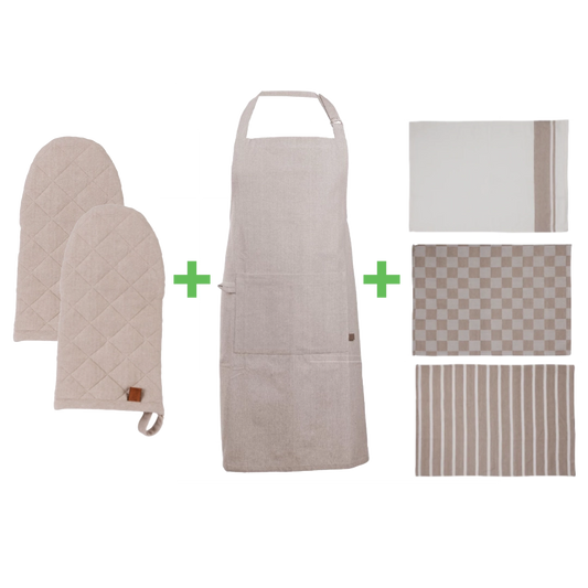 Keukenbundel Stone - 2x ovenwant + 1x schort + 3x keukenhanddoek