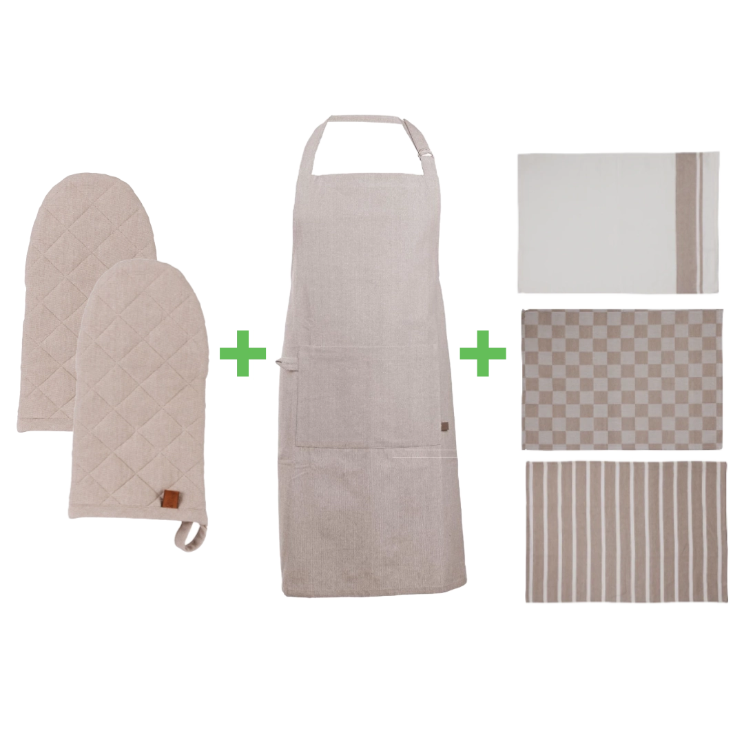 Keukenbundel Stone - 2x ovenwant + 1x schort + 3x keukenhanddoek