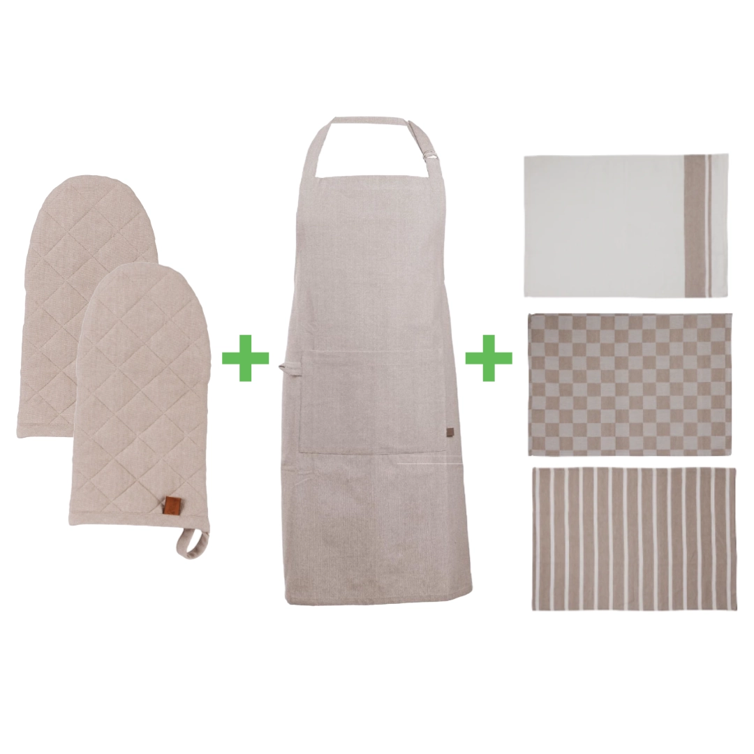 Keukenbundel Stone - 2x ovenwant + 1x schort + 3x keukenhanddoek